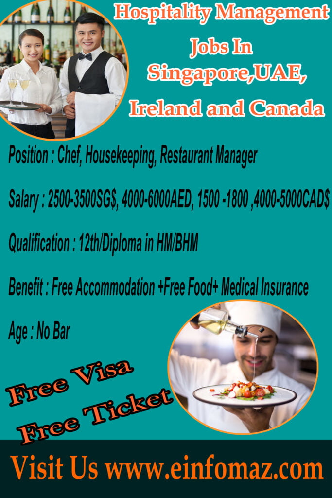 Jobs For Hospitality Management For Singapor, UAE. Ireland & Canada